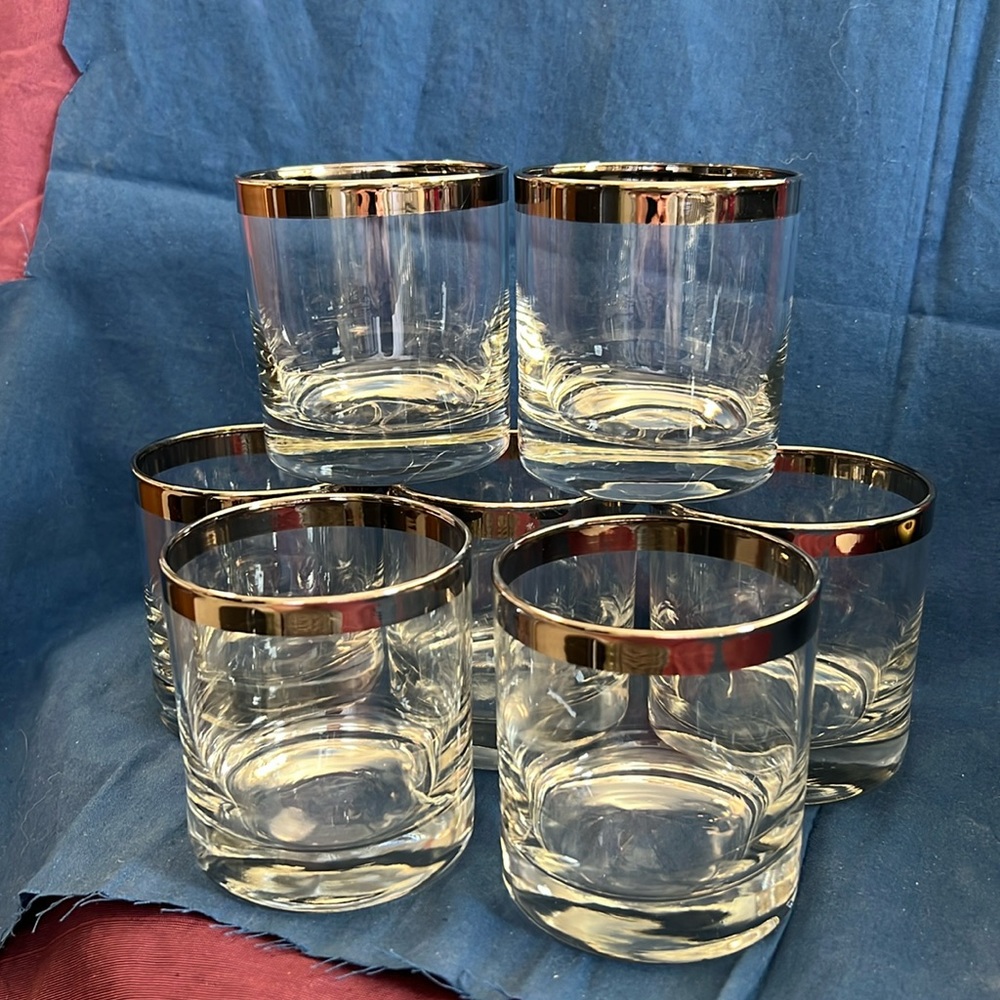 7 MCM rocks or neat bar glasses with dark silver rims.